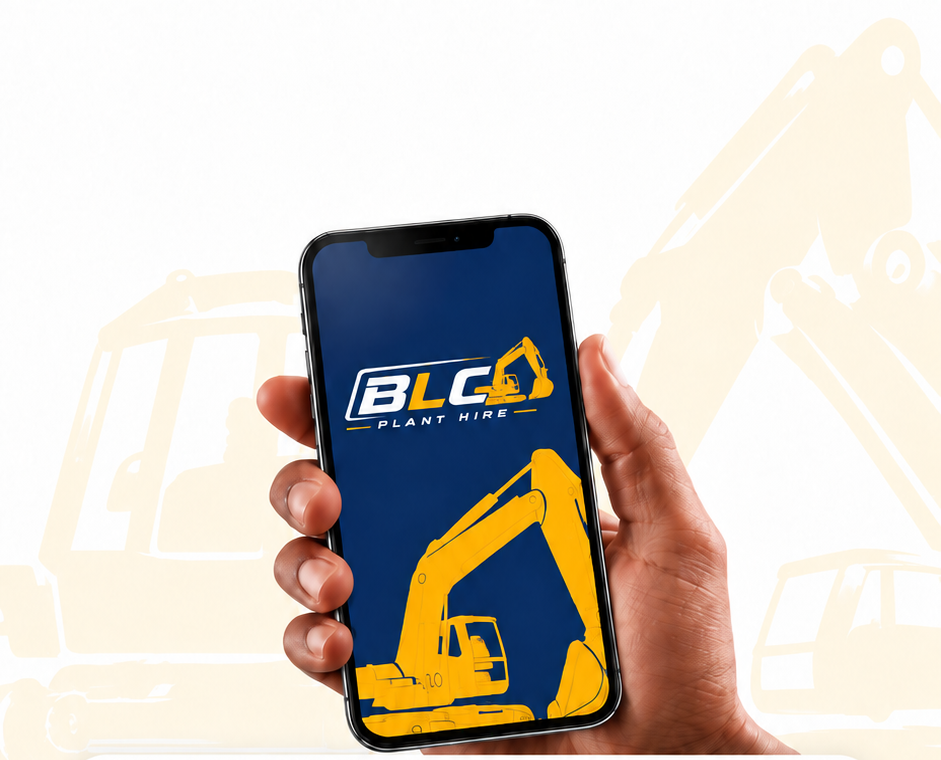 Hand holding a phone displaying the BLC Plant Hire mobile app